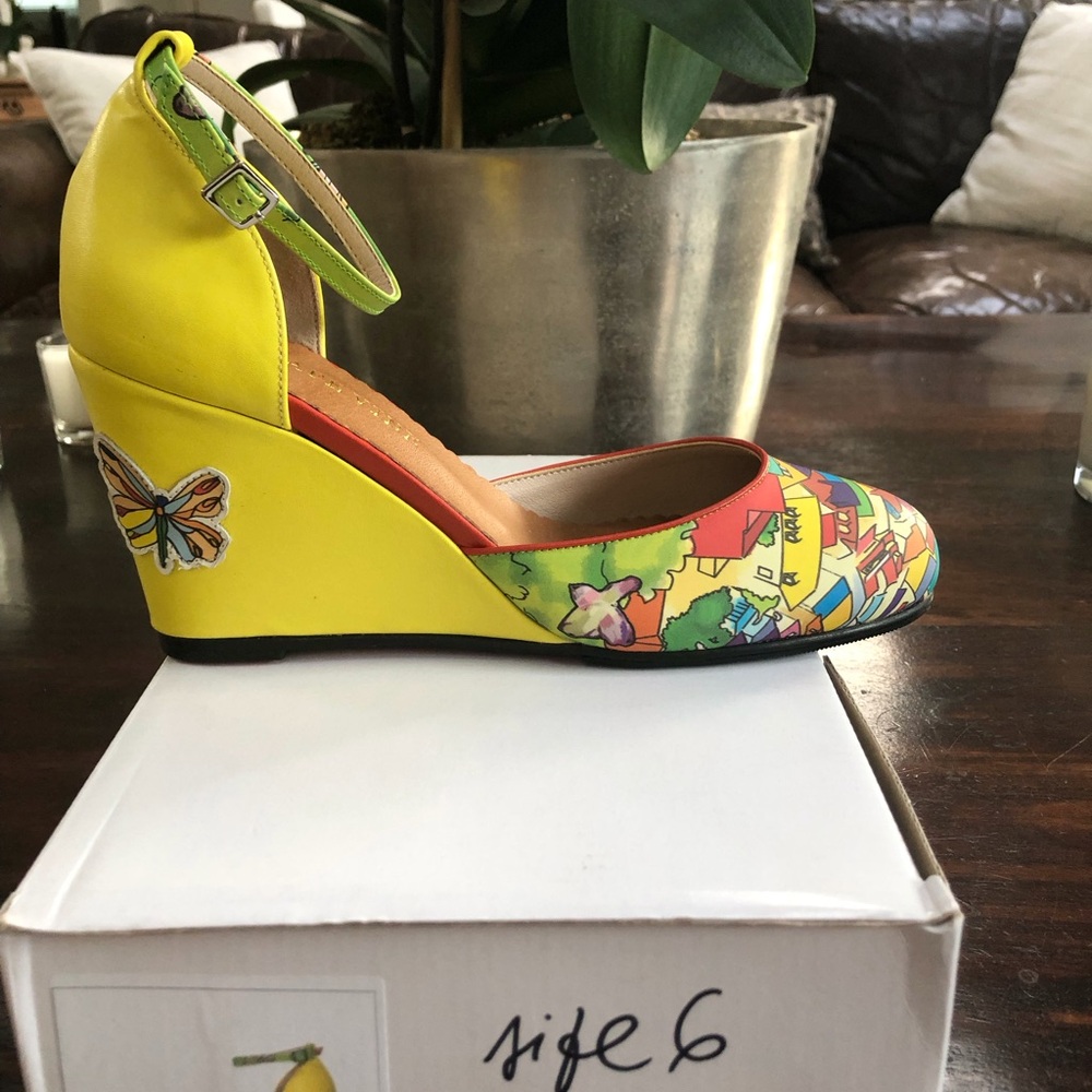 Yellow Floral & Print Ankle-Strap Wedge Pumps Grape Vine